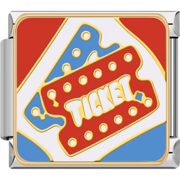 Playful circus-style ticket design with bold red, yellow, and blue colors on a silver Italian charm.